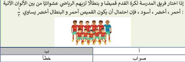 إذا اختار فريق المدرسة لكرة القدم قميصًا وبنطالًا لزيهم الرياضي عشوائيا من بين الألوان الآتية أحمر أخضر أسود فإن احتمال أن يكون القميص أحمر والبنطال أخضر يساوي ١/٣